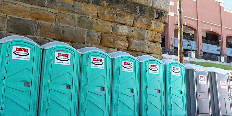 Row Of Rumpke Portable Restrooms For Waste And Recycling Event Services 1